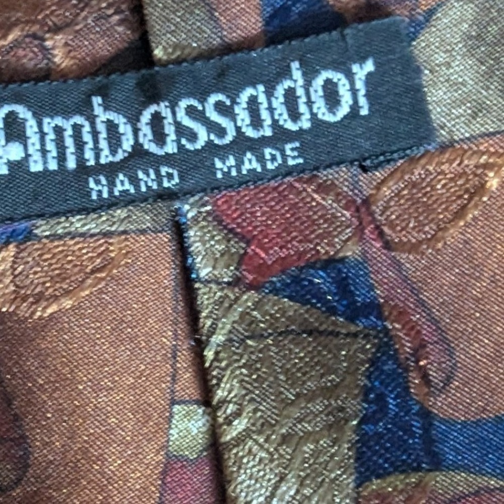 Ambassador Hand Made Silk Tie Mens Abstract Geometric Bronze Blue Peacock Silk - Picture 4 of 5